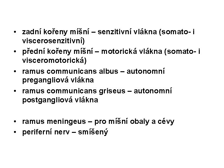  • zadní kořeny míšní – senzitivní vlákna (somato- i viscerosenzitivní) • přední kořeny