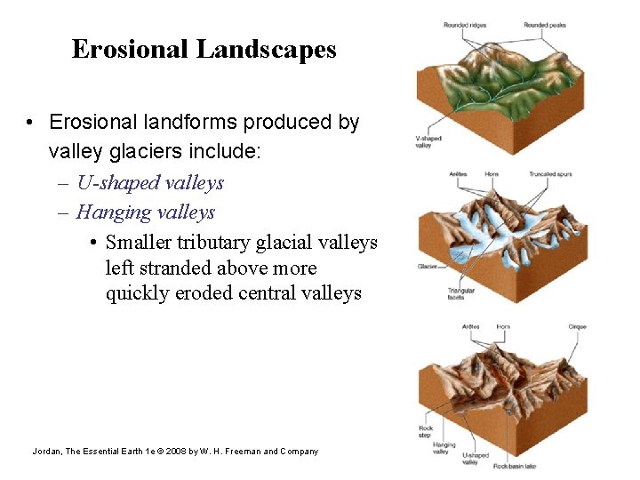 Erosional Landscapes • Erosional landforms produced by valley glaciers include: – U-shaped valleys –