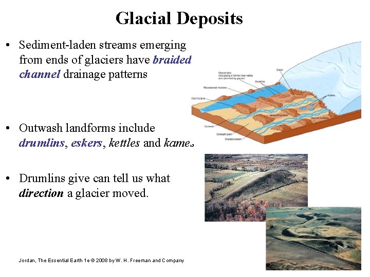 Glacial Deposits • Sediment-laden streams emerging from ends of glaciers have braided channel drainage