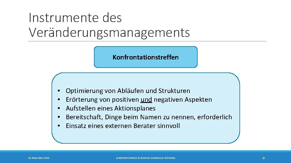 Instrumente des Veränderungsmanagements Konfrontationstreffen • • • 02 Dezember 2020 Optimierung von Abläufen und