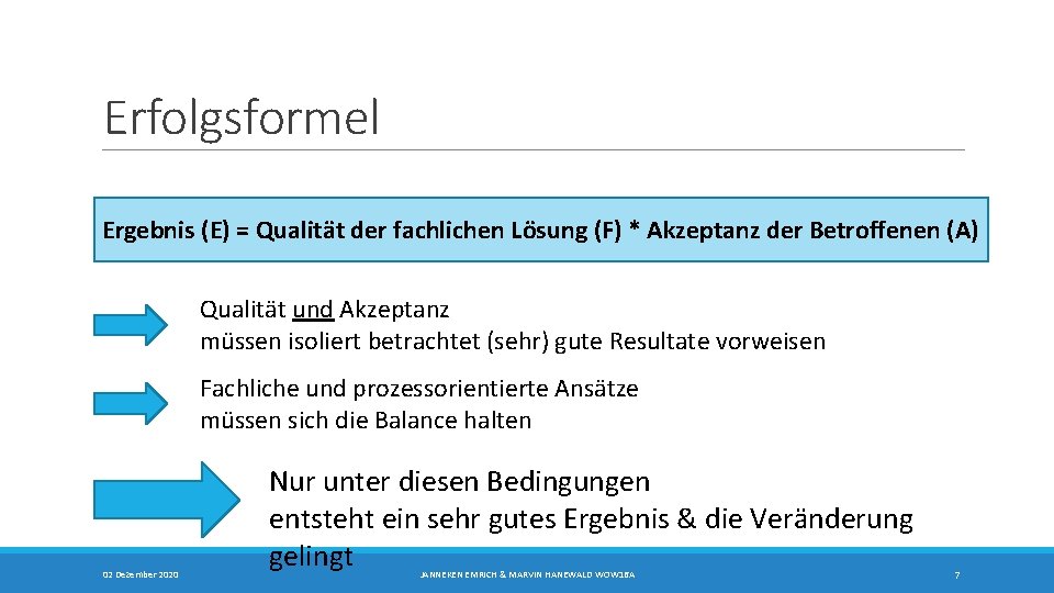 Erfolgsformel Ergebnis (E) = Qualität der fachlichen Lösung (F) * Akzeptanz der Betroffenen (A)