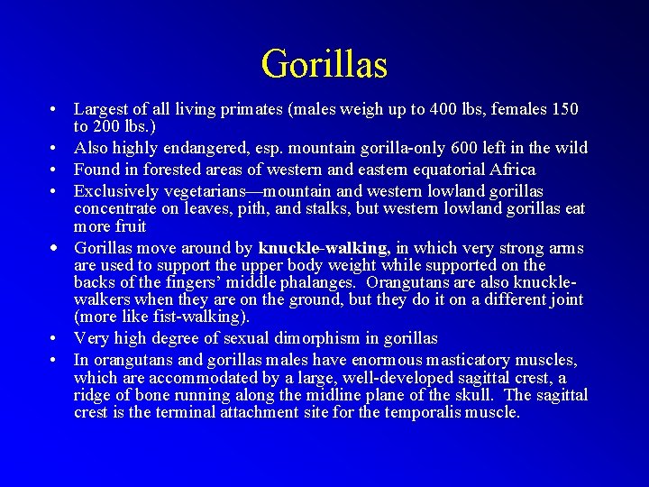 Gorillas • Largest of all living primates (males weigh up to 400 lbs, females