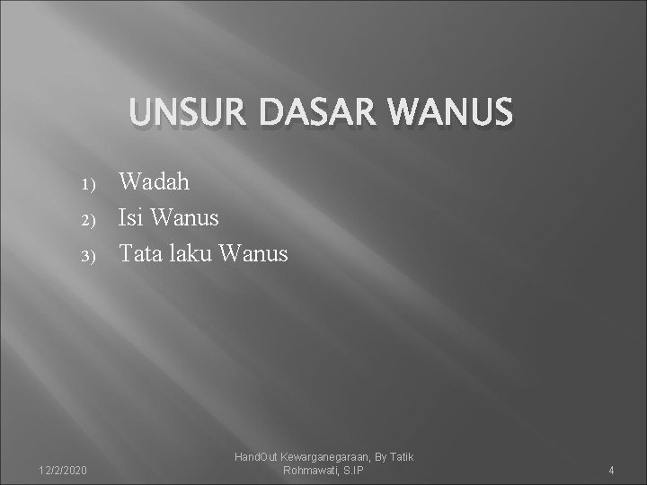 UNSUR DASAR WANUS 1) 2) 3) 12/2/2020 Wadah Isi Wanus Tata laku Wanus Hand.