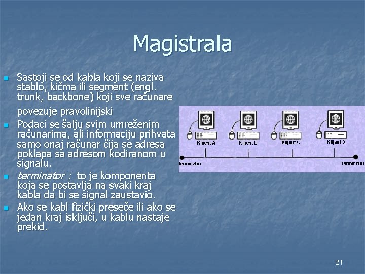 Magistrala n Sastoji se od kabla koji se naziva stablo, kičma ili segment (engl.