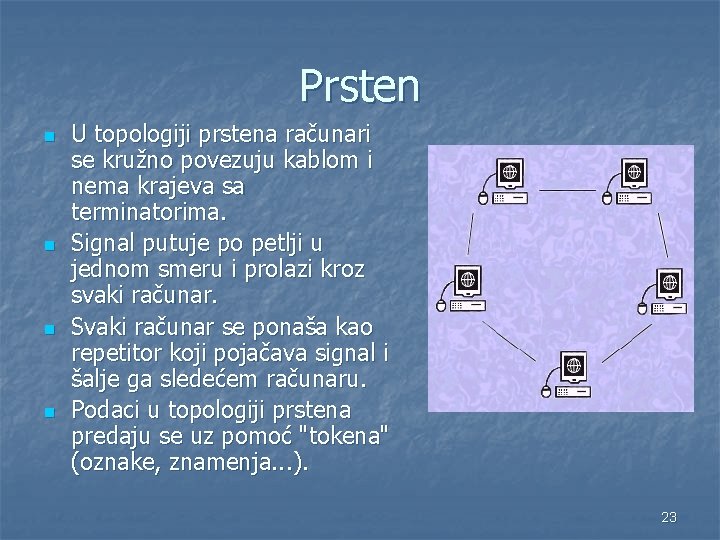 Prsten n n U topologiji prstena računari se kružno povezuju kablom i nema krajeva