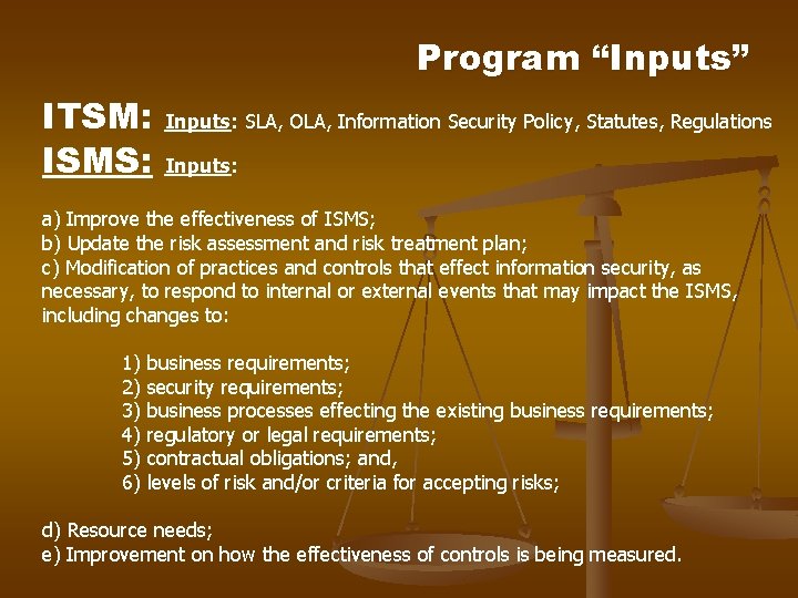Program “Inputs” ITSM: ISMS: Inputs: SLA, OLA, Information Security Policy, Statutes, Regulations Inputs: a) Program “Inputs” ITSM: ISMS: Inputs: SLA, OLA, Information Security Policy, Statutes, Regulations Inputs: a)