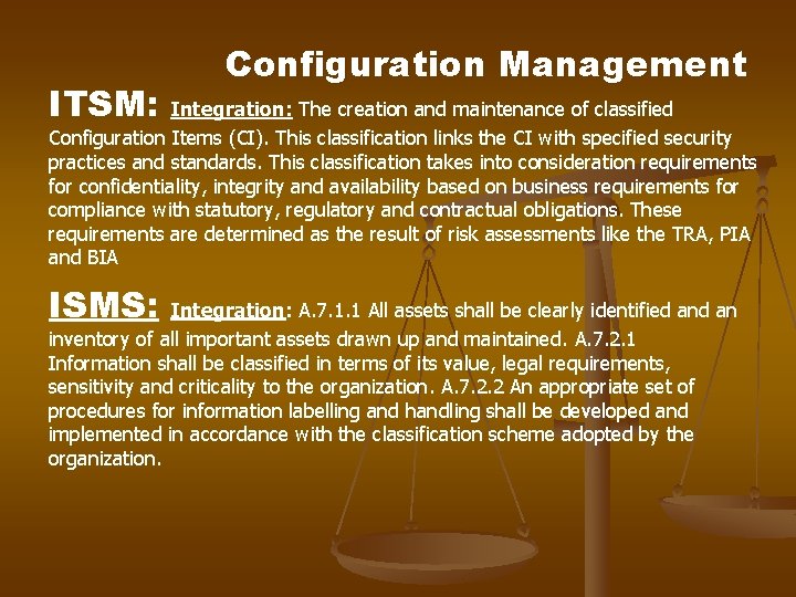 ITSM: Configuration Management Integration: The creation and maintenance of classified Configuration Items (CI). This ITSM: Configuration Management Integration: The creation and maintenance of classified Configuration Items (CI). This