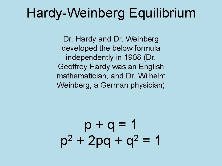 Hardy-Weinberg Equilibrium Dr. Hardy and Dr. Weinberg developed the below formula independently in 1908