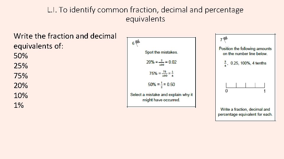 L. I. To identify common fraction, decimal and percentage equivalents Write the fraction and