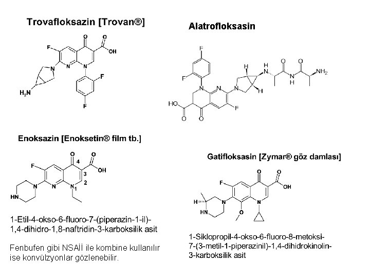 Alatrofloksasin Fenbufen gibi NSAİİ ile kombine kullanılır ise konvülzyonlar gözlenebilir. 