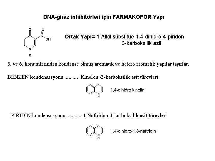 DNA-giraz inhibitörleri için FARMAKOFOR Yapı Ortak Yapı= 1 -Alkil sübstitüe-1, 4 -dihidro-4 -piridon 3