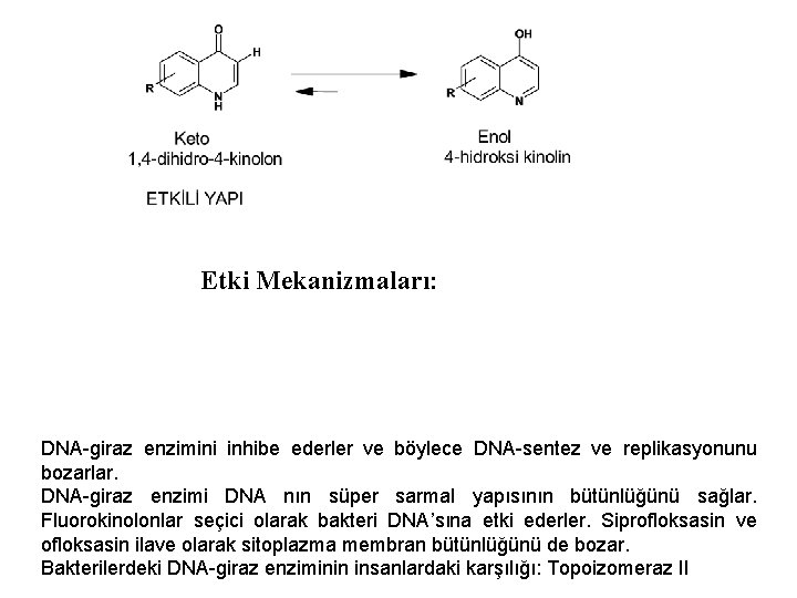 Etki Mekanizmaları: DNA-giraz enzimini inhibe ederler ve böylece DNA-sentez ve replikasyonunu bozarlar. DNA-giraz enzimi