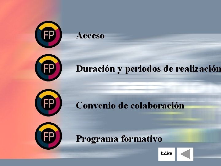 Acceso Duración y periodos de realización Convenio de colaboración Programa formativo Indice 