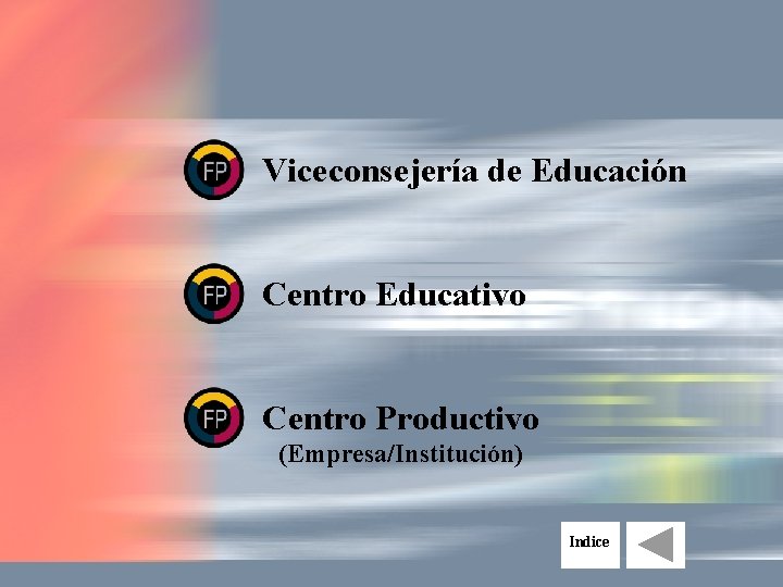 Viceconsejería de Educación Centro Educativo Centro Productivo (Empresa/Institución) Indice 