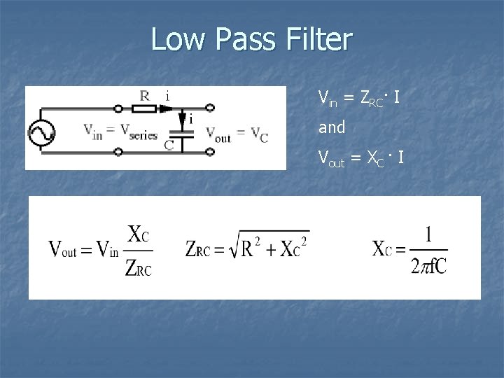 Low Pass Filter Vin = ZRC· I and Vout = XC · I 