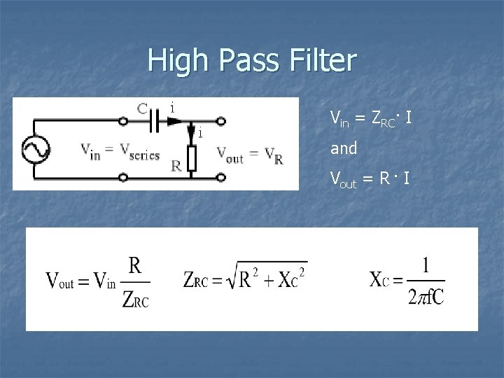 High Pass Filter Vin = ZRC· I and Vout = R · I 
