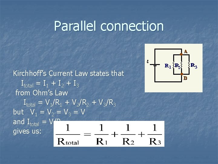 Parallel connection Kirchhoff’s Current Law states that Itotal = I 1 + I 2