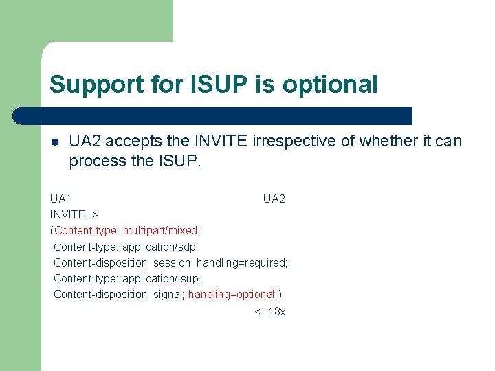 Support for ISUP is optional l UA 2 accepts the INVITE irrespective of whether