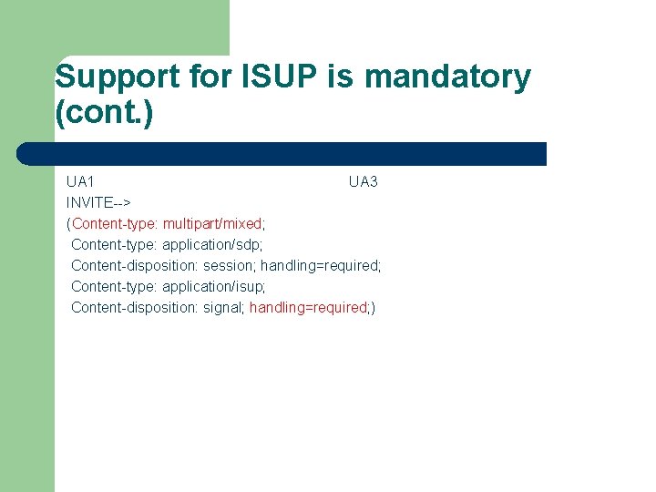 Support for ISUP is mandatory (cont. ) UA 1 UA 3 INVITE--> (Content-type: multipart/mixed;