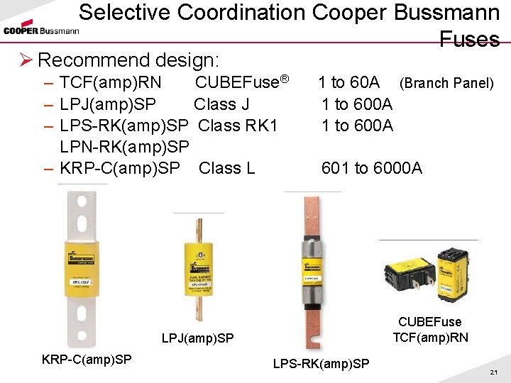 Selective Coordination Cooper Bussmann Fuses Ø Recommend design: – TCF(amp)RN CUBEFuse® – LPJ(amp)SP Class