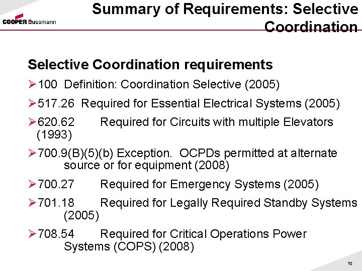 Summary of Requirements: Selective Coordination requirements Ø 100 Definition: Coordination Selective (2005) Ø 517.