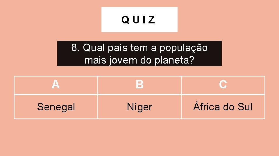 QUIZ 8. Qual país tem a população mais jovem do planeta? A B C