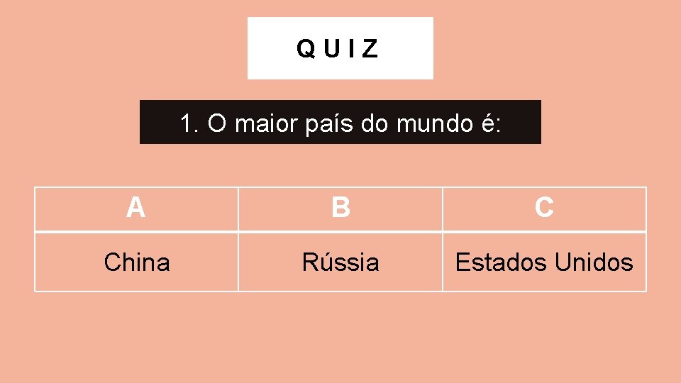 QUIZ 1. O maior país do mundo é: A B C China Rússia Estados