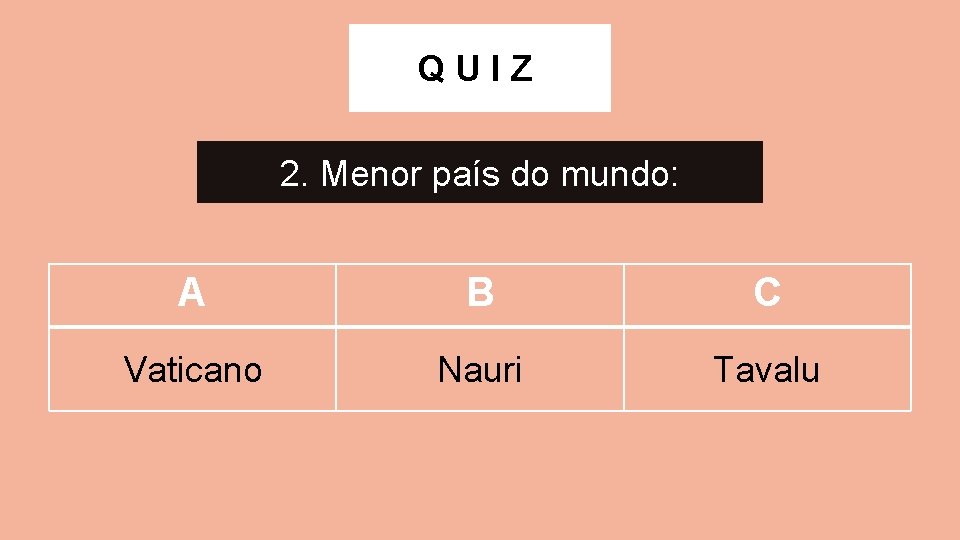 QUIZ 2. Menor país do mundo: A B C Vaticano Nauri Tavalu 
