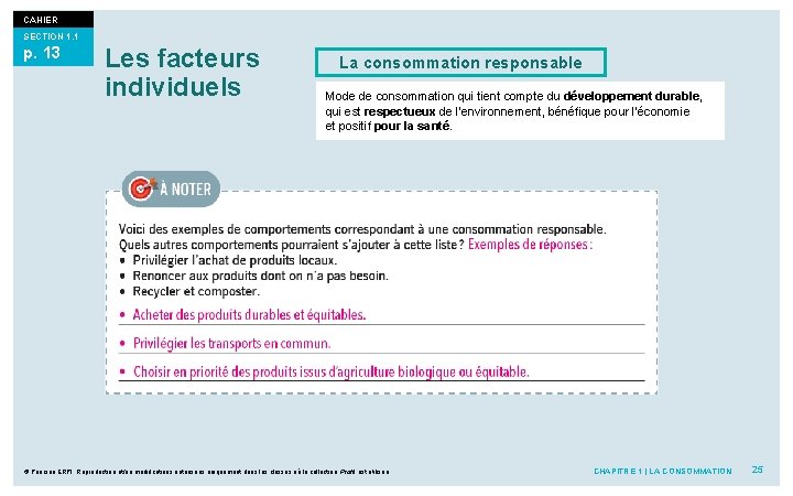 CAHIER SECTION 1. 1 p. 13 Les facteurs individuels La consommation responsable Mode de