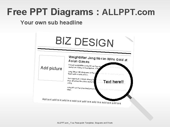 Free PPT Diagrams : ALLPPT. com Your own sub headline BIZ DESIGN Weightlifter Jang