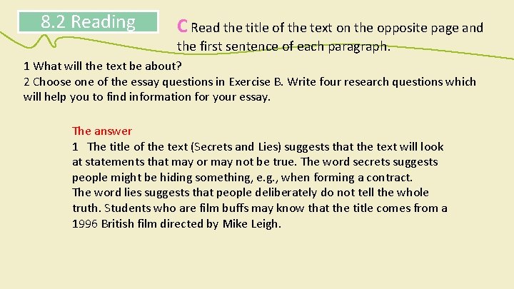 8. 2 Reading C Read the title of the text on the opposite page 8. 2 Reading C Read the title of the text on the opposite page