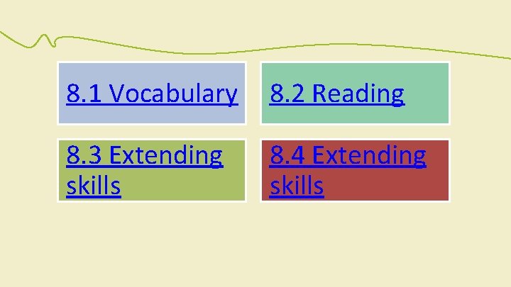 8. 1 Vocabulary 8. 2 Reading 8. 3 Extending skills 8. 4 Extending skills 8. 1 Vocabulary 8. 2 Reading 8. 3 Extending skills 8. 4 Extending skills