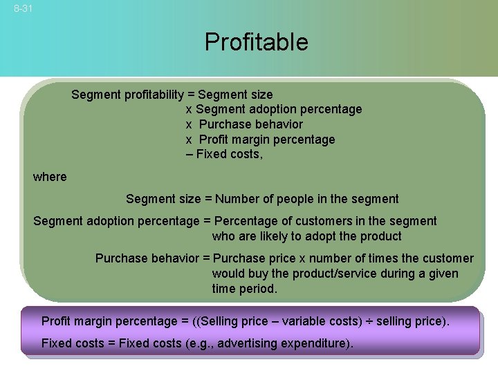 8 -31 Profitable Segment profitability = Segment size x Segment adoption percentage x Purchase