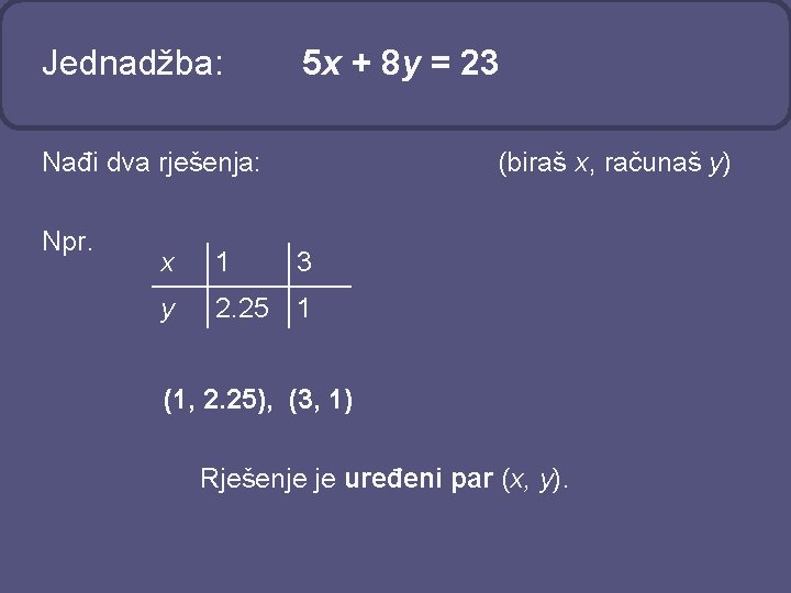 Jednadžba: 5 x + 8 y = 23 Nađi dva rješenja: Npr. (biraš x,