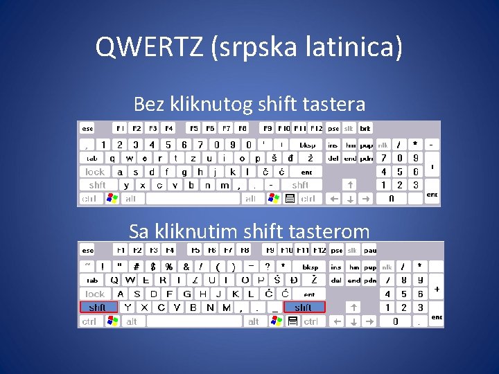 QWERTZ (srpska latinica) Bez kliknutog shift tastera Sa kliknutim shift tasterom 