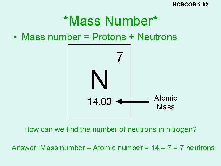 NCSCOS 2. 02 *Mass Number* • Mass number = Protons + Neutrons N 14.