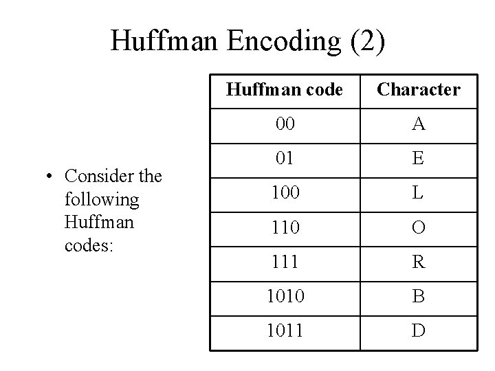 Huffman Encoding (2) • Consider the following Huffman codes: Huffman code Character 00 A