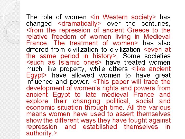 The role of women <in Western society> has changed <dramatically> over the centuries, <from