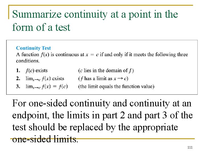Summarize continuity at a point in the form of a test For one-sided continuity