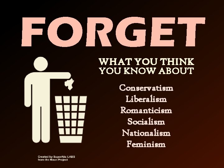 FORGET WHAT YOU THINK YOU KNOW ABOUT Conservatism Liberalism Romanticism Socialism Nationalism Feminism 