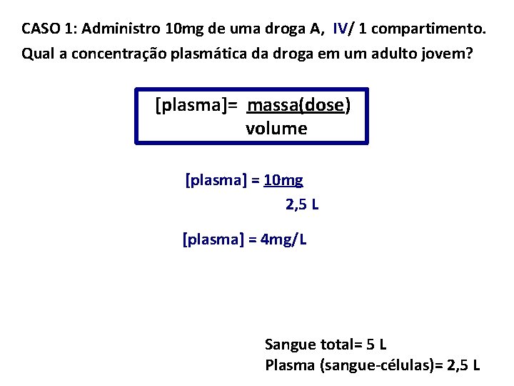 CASO 1: Administro 10 mg de uma droga A, IV/ 1 compartimento. Qual a