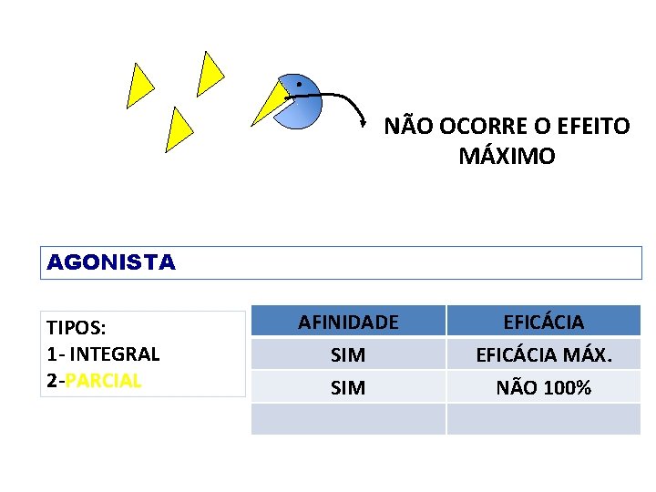 NÃO OCORRE O EFEITO MÁXIMO AGONISTA TIPOS: 1 - INTEGRAL 2 -PARCIAL AFINIDADE SIM