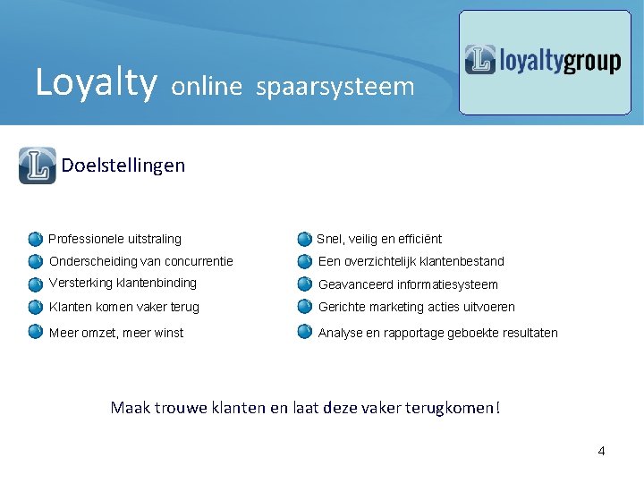 Loyalty online spaarsysteem Doelstellingen Professionele uitstraling Snel, veilig en efficiënt Onderscheiding van concurrentie Een