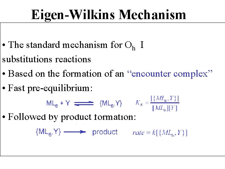 Eigen-Wilkins Mechanism • The standard mechanism for Oh I substitutions reactions • Based on