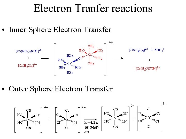 Electron Tranfer reactions • Inner Sphere Electron Transfer • Outer Sphere Electron Transfer 