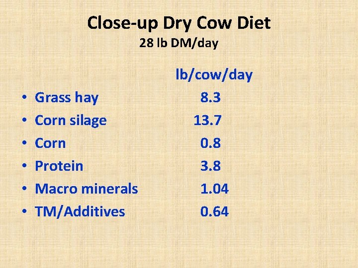 Close-up Dry Cow Diet 28 lb DM/day • • • Grass hay Corn silage