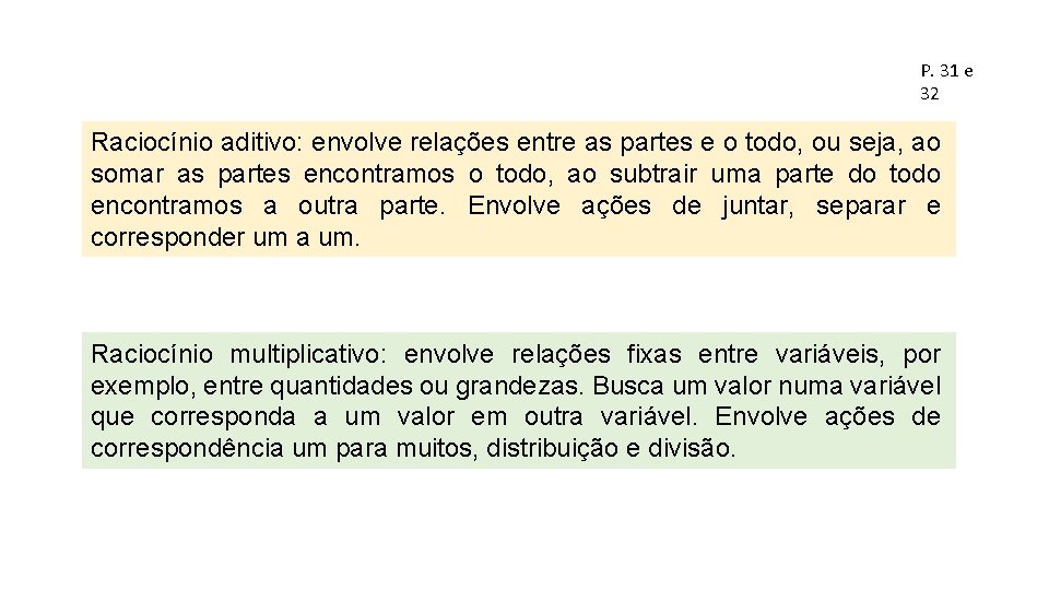 P. 31 e 32 Raciocínio aditivo: envolve relações entre as partes e o todo,