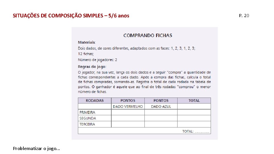 SITUAÇÕES DE COMPOSIÇÃO SIMPLES – 5/6 anos Problematizar o jogo. . . P. 20