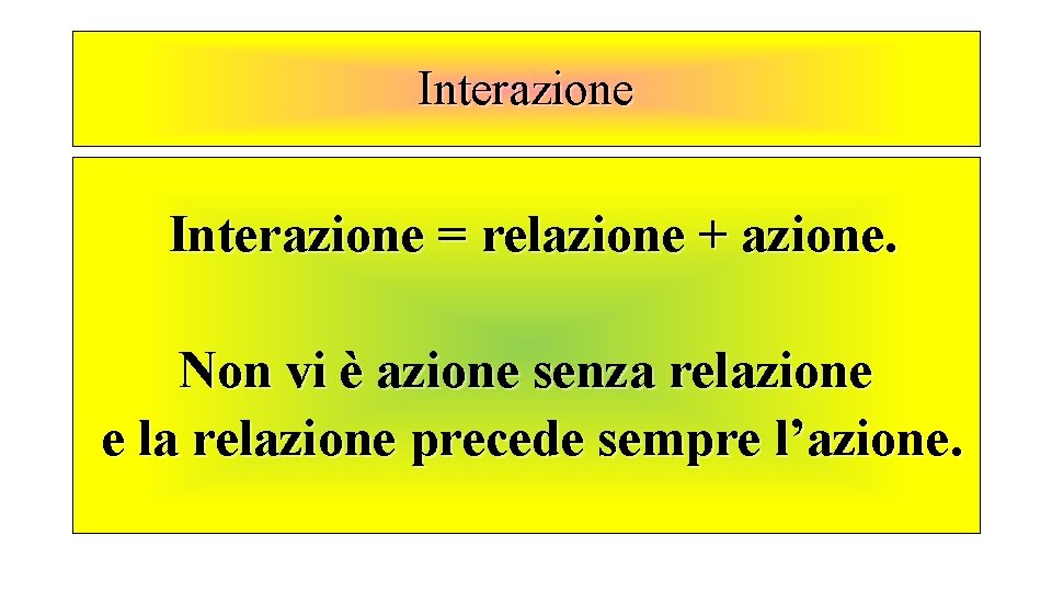 Interazione = relazione + azione. Non vi è azione senza relazione e la relazione