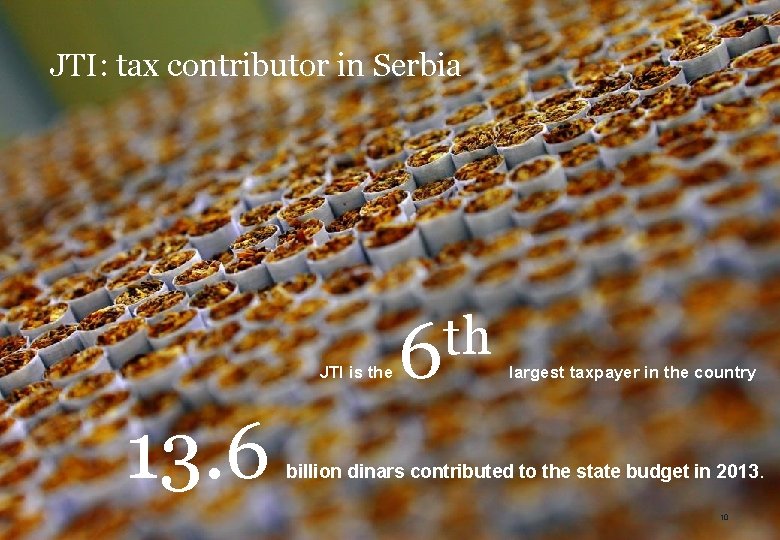 JTI: tax contributor in Serbia JTI is the 13. 6 th 6 largest taxpayer
